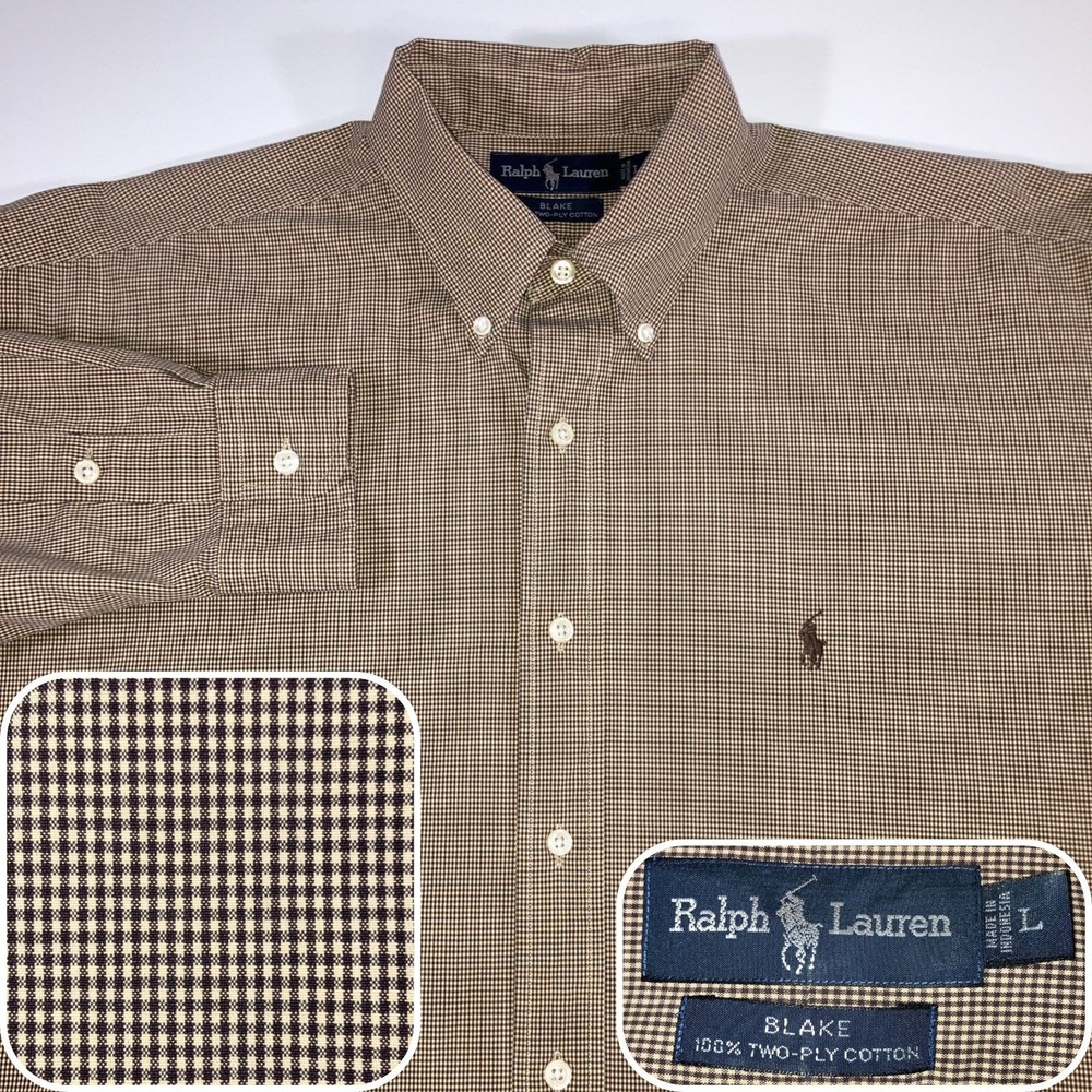 Polo Ralph Lauren Blake Shirt Mens L Brown Micro Gingham Relaxed Fit Cotton